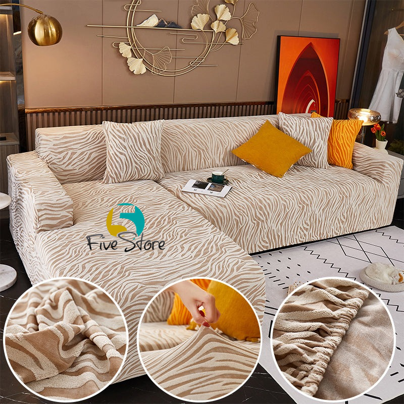 L Shape Zebra Velvet Sofa Covers - Fitted Style (Golden)