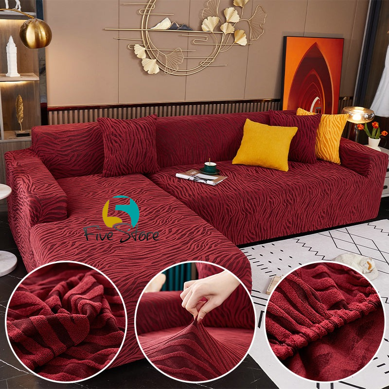 L Shape Zebra Velvet Sofa Covers Fitted Style (Maroon) 5store.pk