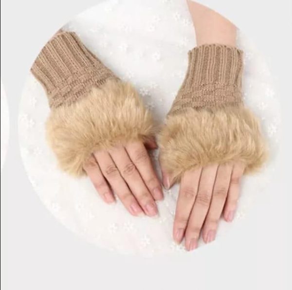 Winter Faux Rabbit Fur Hand and Wrist Crochet Knitted Gloves For Women - Fawn