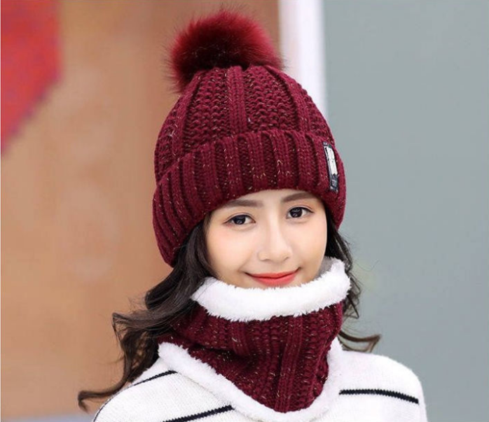 Women's 2 Pcs Crochet Knitted Beanie Cap With Neck Warmer - Wine Red