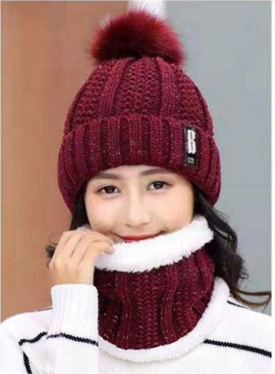 Women's 2 Pcs Crochet Knitted Beanie Cap With Neck Warmer - Wine Red