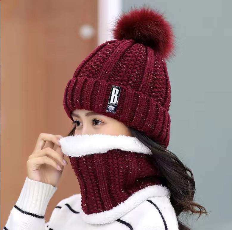 Women's 2 Pcs Crochet Knitted Beanie Cap With Neck Warmer - Wine Red
