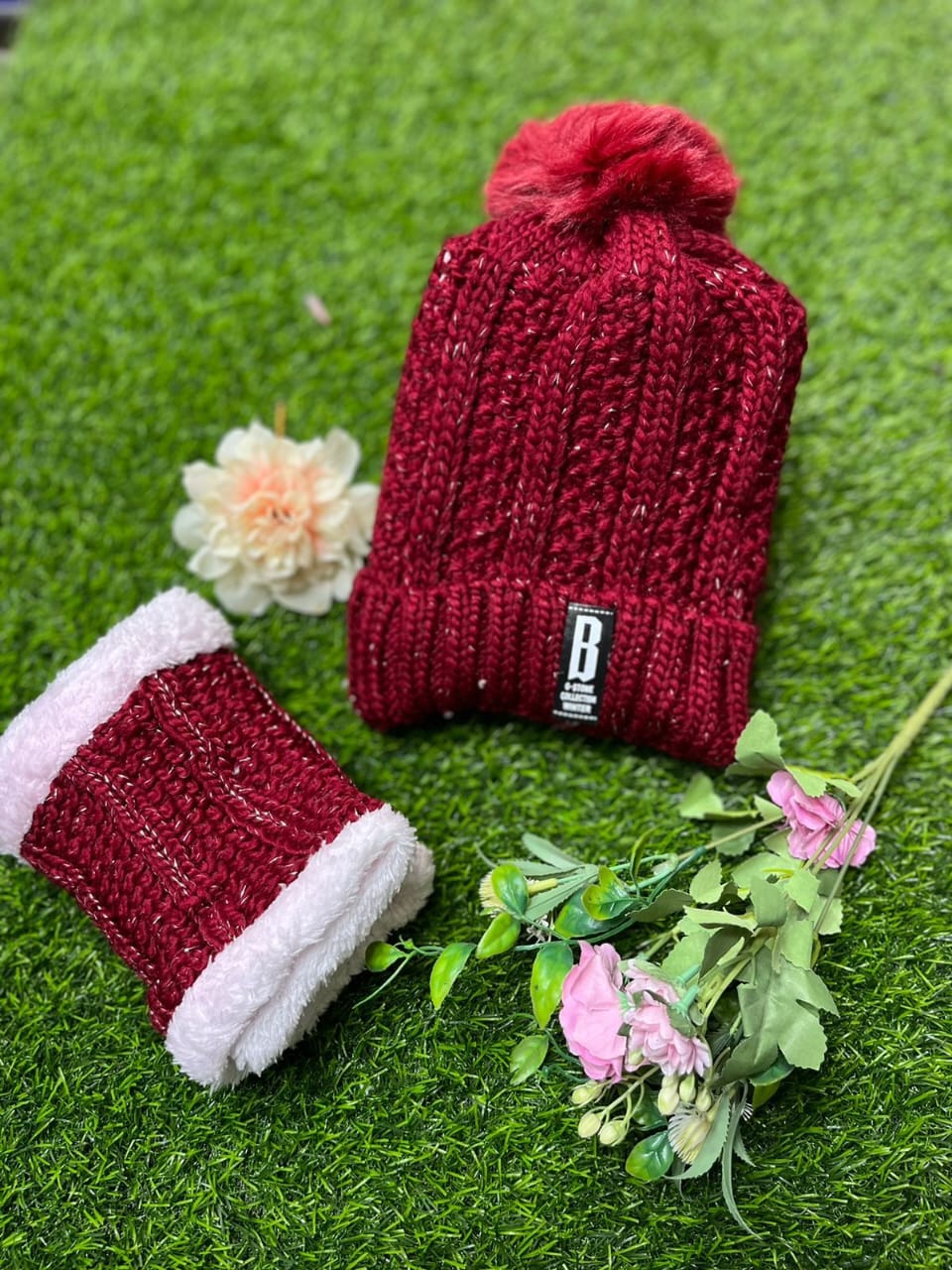 Women's 2 Pcs Crochet Knitted Beanie Cap With Neck Warmer - Wine Red