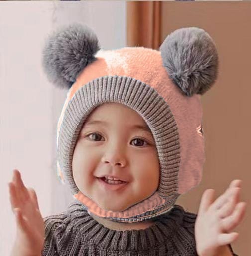 Kids Beanie PomPom Wool Cap With Attached Neck Warmer - Pink