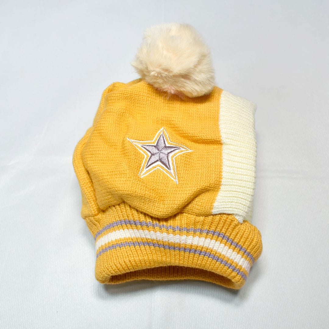 Kids Beanie PomPom Wool Cap With Attached Neck Warmer - Yellow