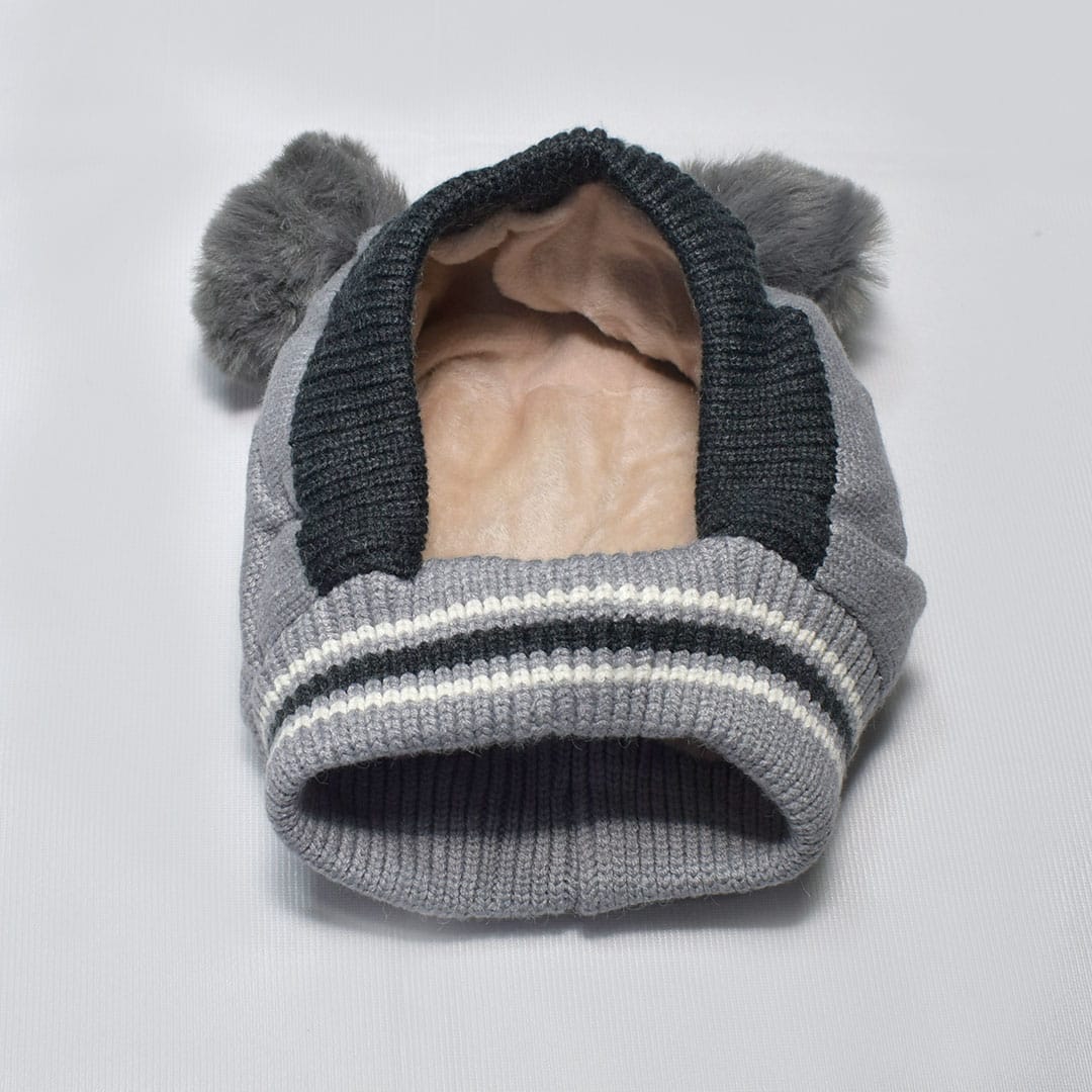Kids Beanie PomPom Wool Cap With Attached Neck Warmer - Grey