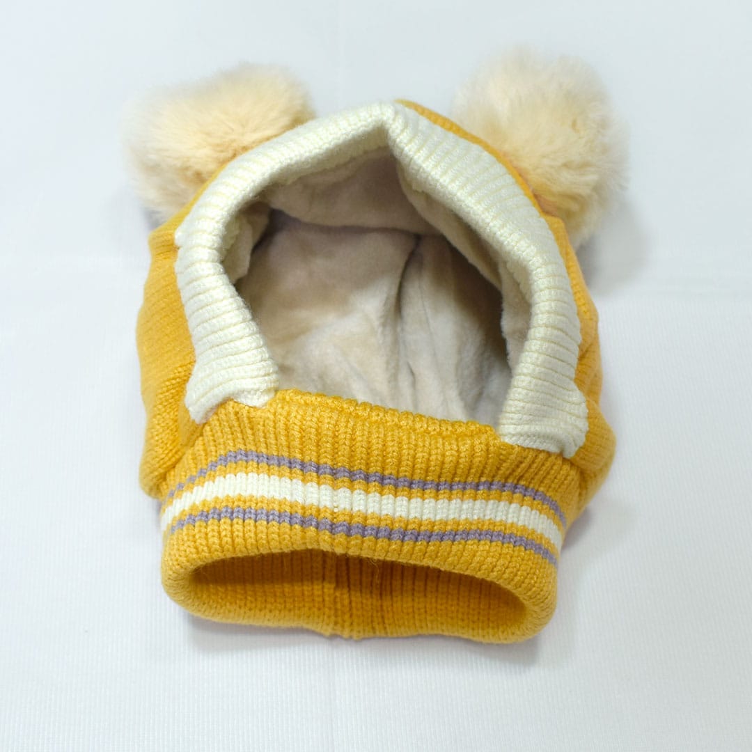 Kids Beanie PomPom Wool Cap With Attached Neck Warmer - Yellow