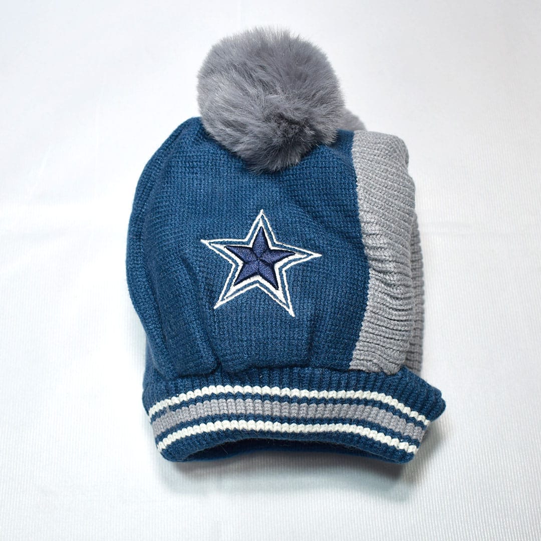 Kids Beanie PomPom Wool Cap With Attached Neck Warmer - Blue