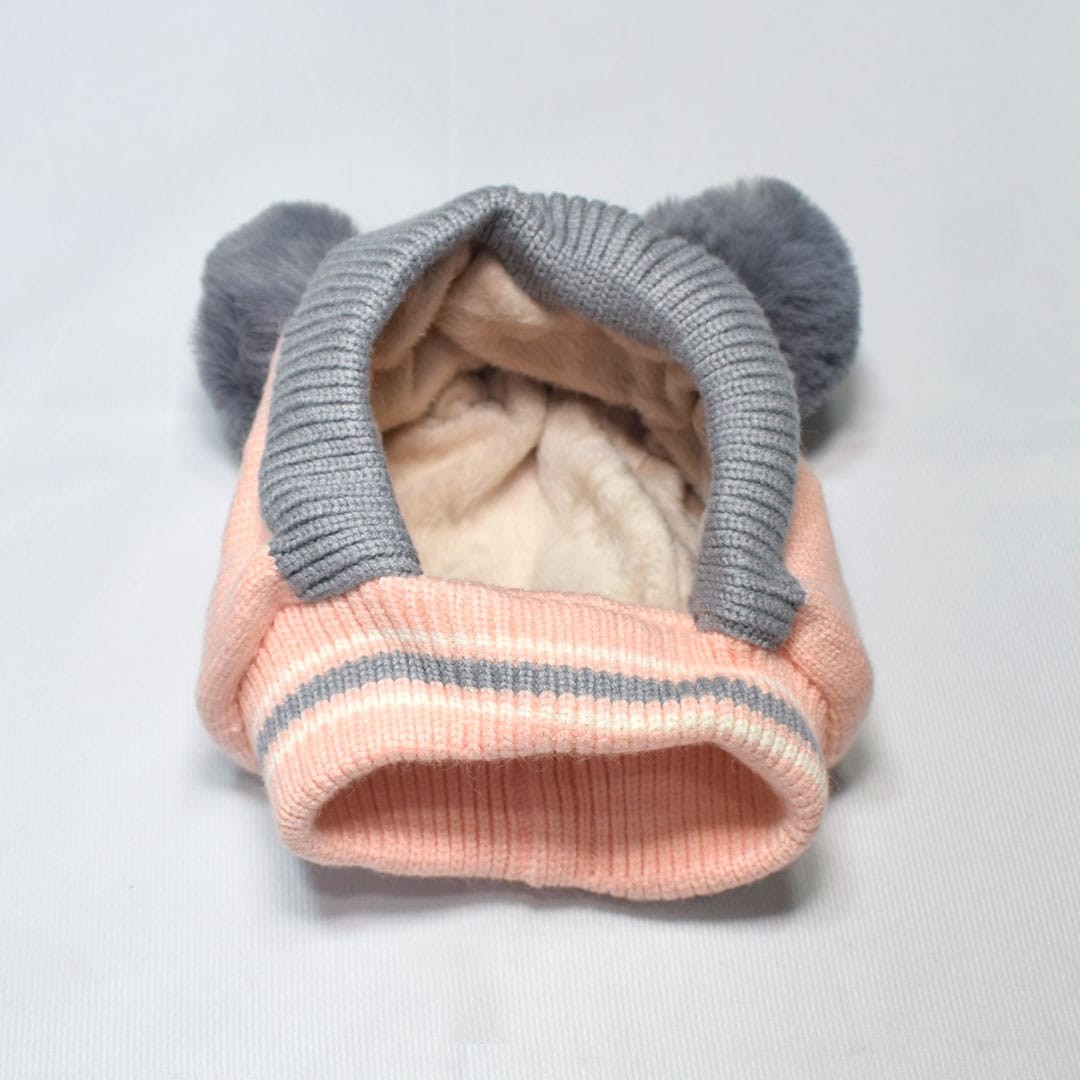 Kids Beanie PomPom Wool Cap With Attached Neck Warmer - Pink