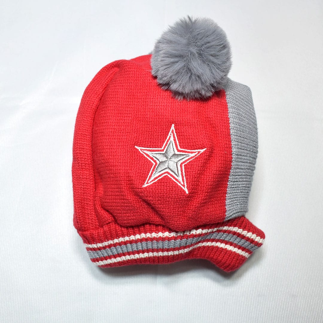Kids Beanie PomPom Wool Cap With Attached Neck Warmer - Red