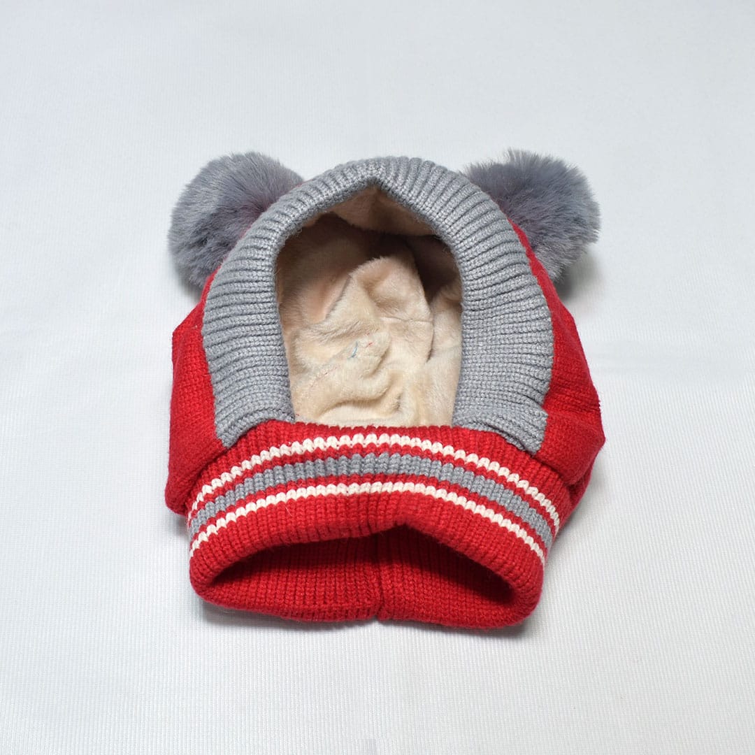Kids Beanie PomPom Wool Cap With Attached Neck Warmer - Red