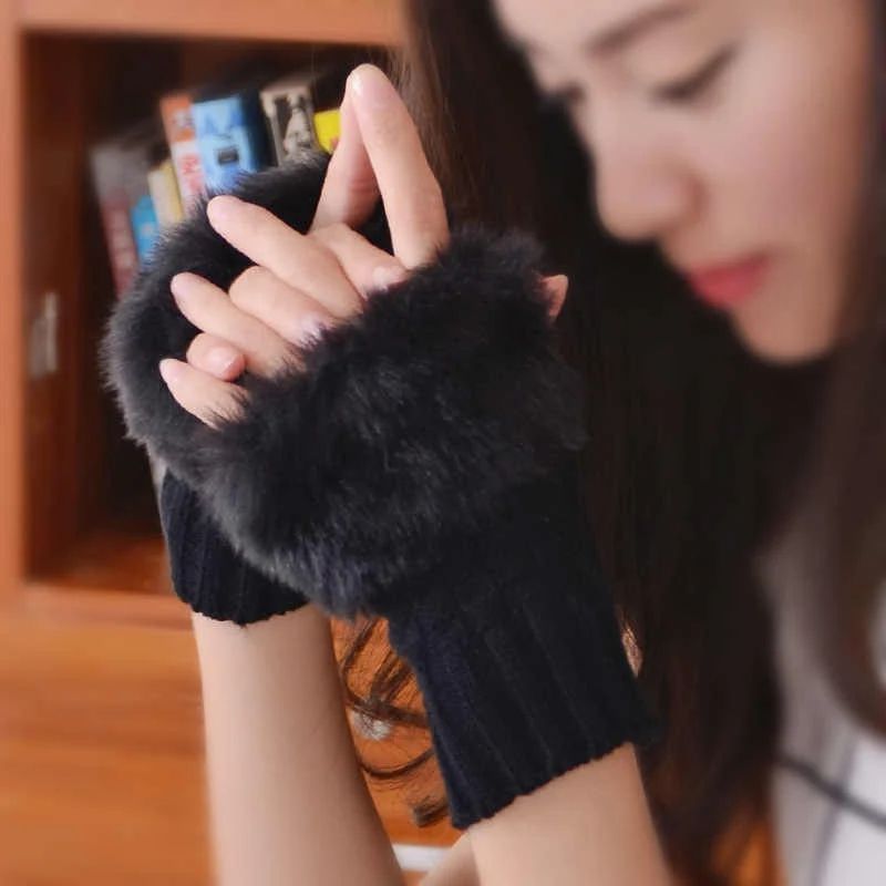 Winter Faux Rabbit Fur Hand and Wrist Crochet Knitted Gloves For Women - Black