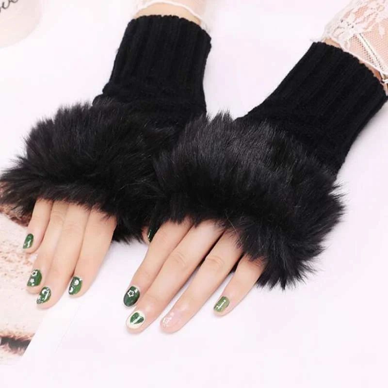 Winter Faux Rabbit Fur Hand and Wrist Crochet Knitted Gloves For Women - Black