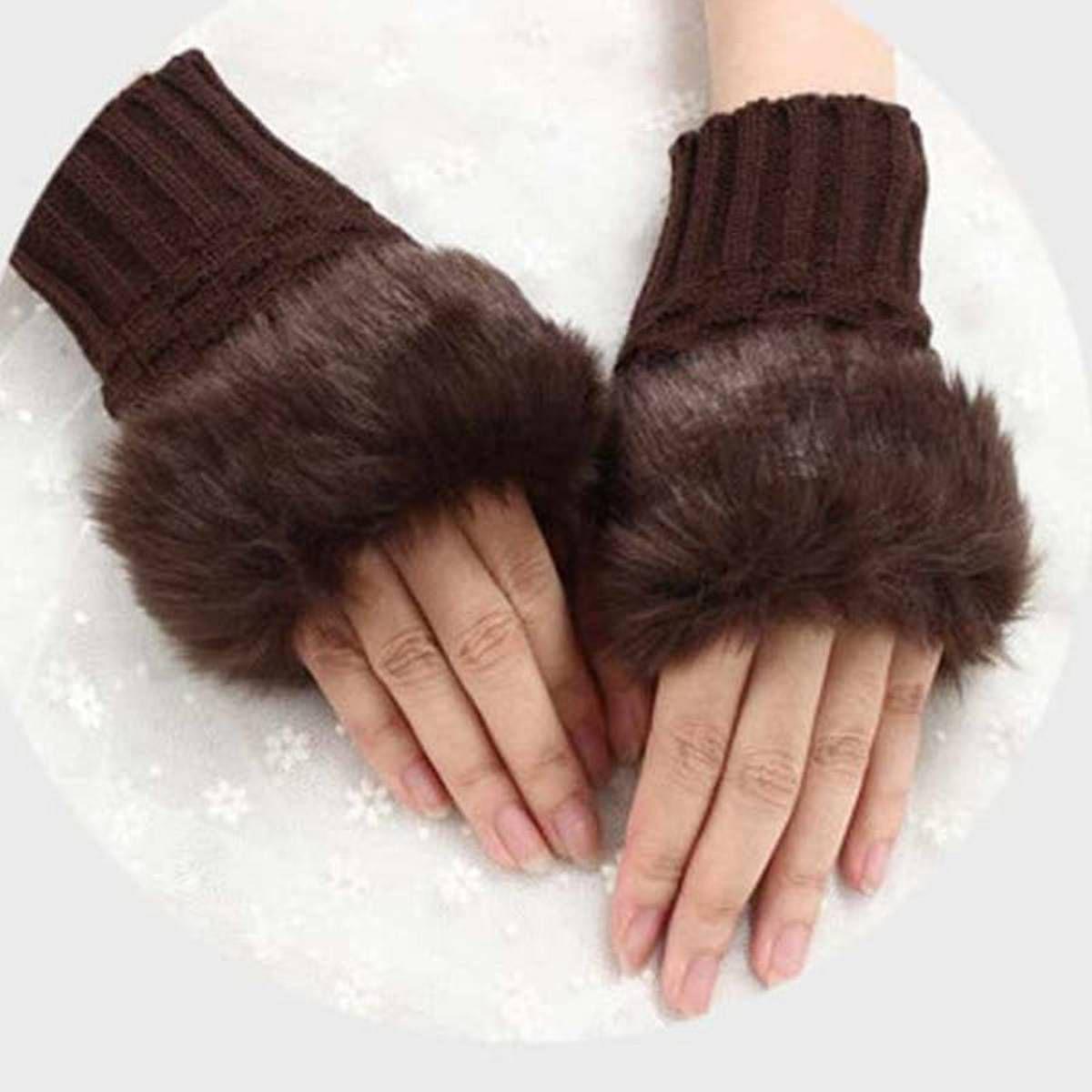 Winter Faux Rabbit Fur Hand and Wrist Crochet Knitted Gloves For Women - Brown