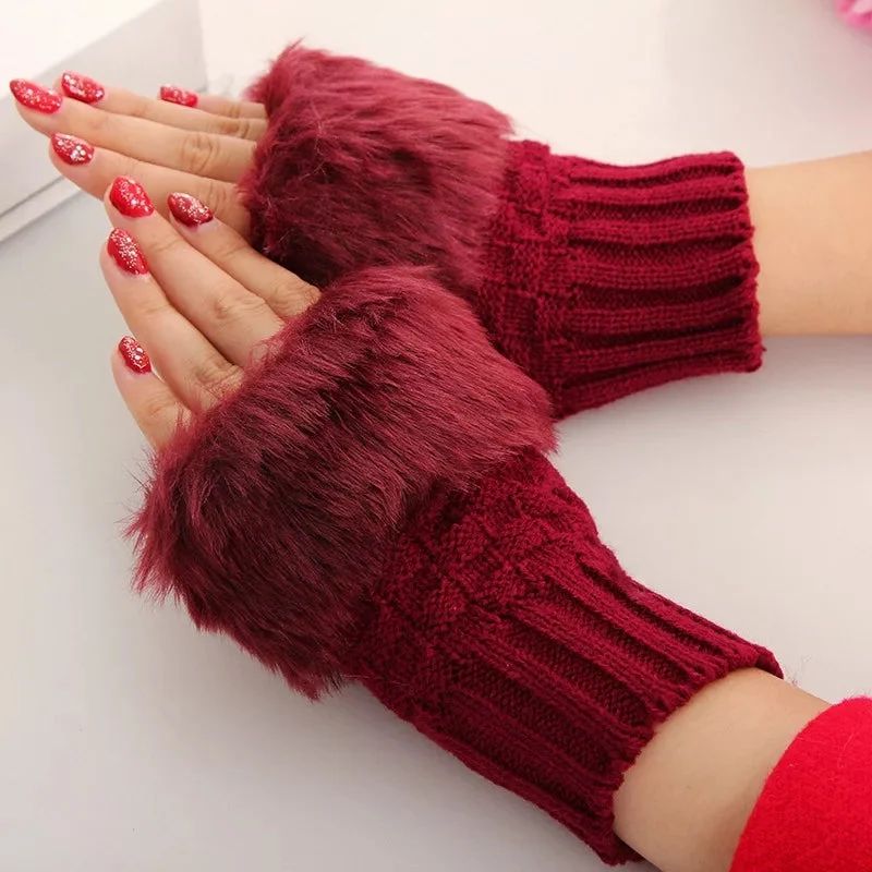 Winter Faux Rabbit Fur Hand and Wrist Crochet Knitted Gloves For Women - Maroon