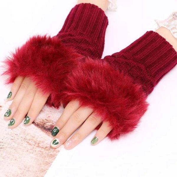 Winter Faux Rabbit Fur Hand and Wrist Crochet Knitted Gloves For Women - Maroon