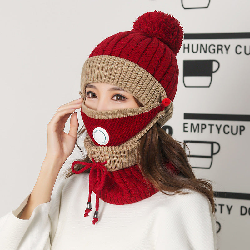 Women 3 Pc's Beanie Cap With Neck Warmer And Mask - Red