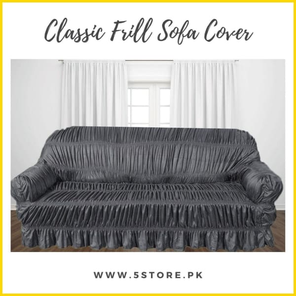 Classic Style Full Frill Stretchable Sofa Cover / Sofa Protector - Ash Grey Sofa Accessories 5store.pk