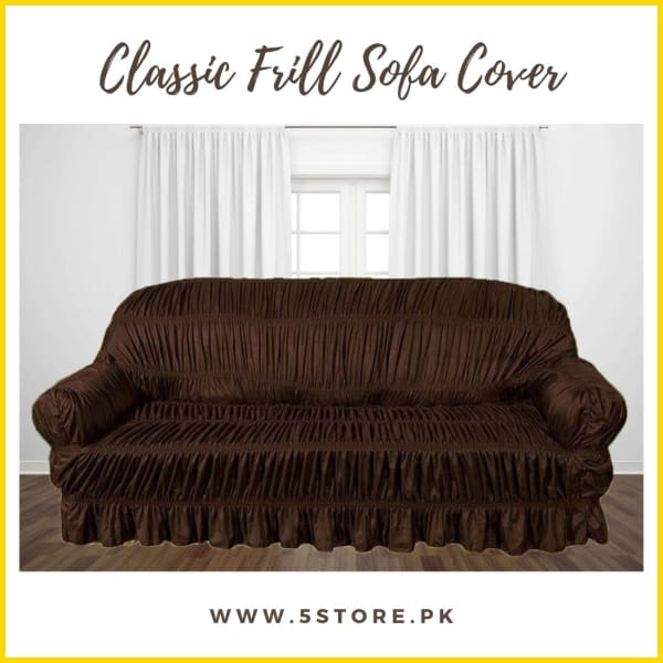 Classic Style Full Frill Stretchable Sofa Cover / Sofa Protector - Dark Brown Sofa Accessories 5store.pk