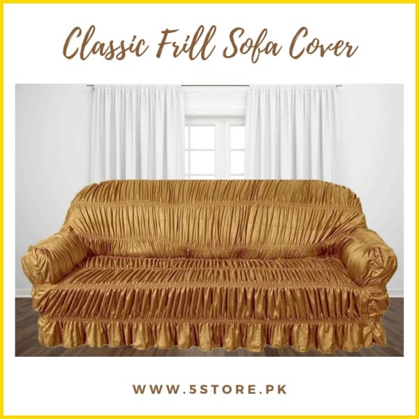Classic Style Full Frill Stretchable Sofa Cover / Sofa Protector - Golden Sofa Accessories 5store.pk
