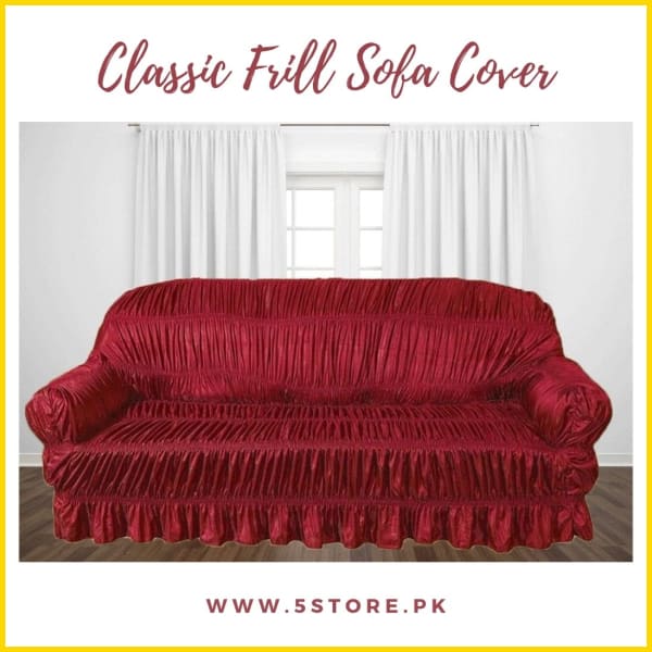 Classic Style Full Frill Stretchable Sofa Cover / Sofa Protector - Maroon Sofa Accessories 5store.pk