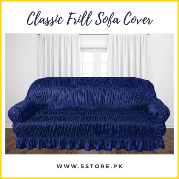 Classic Style Full Frill Stretchable Sofa Cover / Sofa Protector - Navy Blue Sofa Accessories 5store.pk