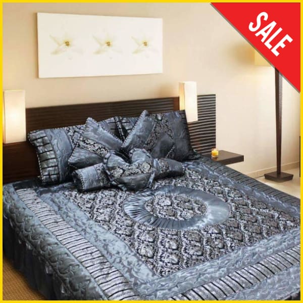 Silk Semi Quilt Fabric - 8 pcs Fancy Bed Sheets - Grey 5storepk