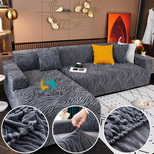 L Shape Zebra Velvet Sofa Covers - Fitted Style (Grey)