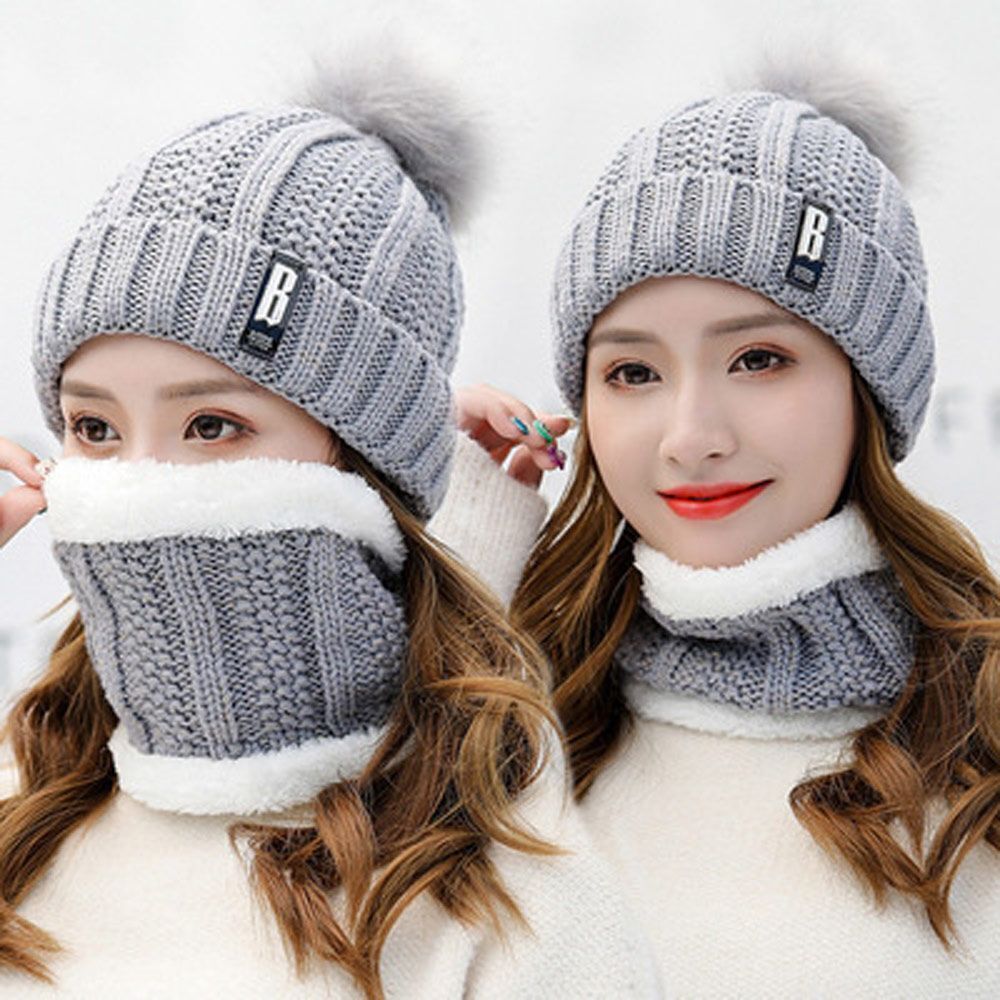 Women's 2 Pcs Crochet Knitted Beanie Cap With Neck Warmer - Grey