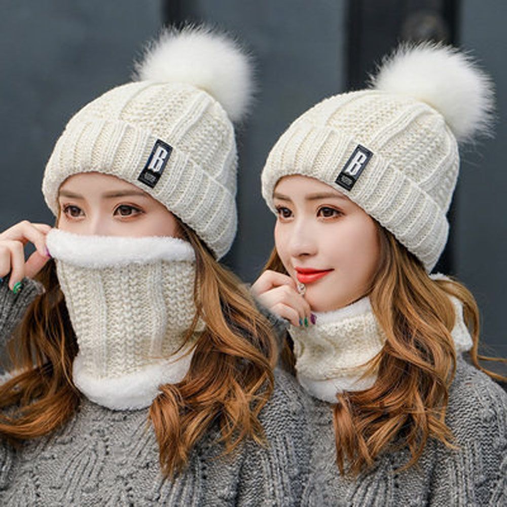 Women's 2 Pcs Crochet Knitted Beanie Cap With Neck Warmer - White