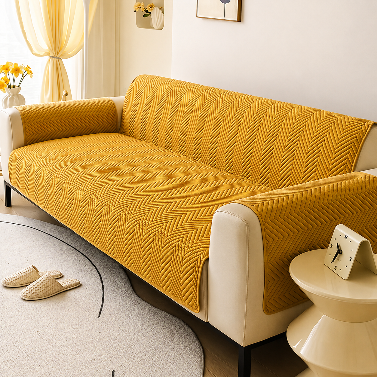 Zigzag Ultrasonic Quilted Sofa Cover Golden