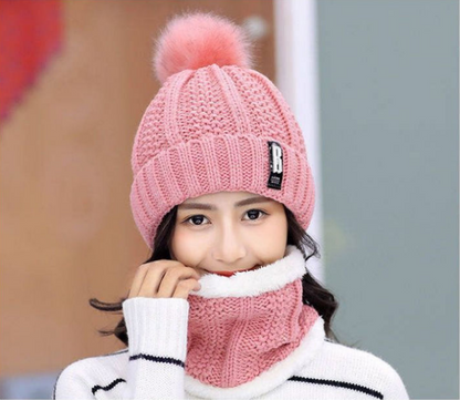 Women's 2 Pcs Crochet Knitted Beanie Cap With Neck Warmer - Pink