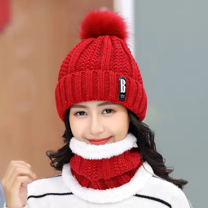 Women's 2 Pcs Crochet Knitted Beanie Cap With Neck Warmer - Red