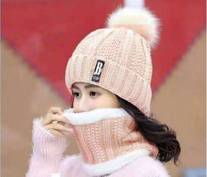 Women's 2 Pcs Crochet Knitted Beanie Cap With Neck Warmer - Beige