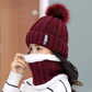 Women's 2 Pcs Crochet Knitted Beanie Cap With Neck Warmer - Wine Red