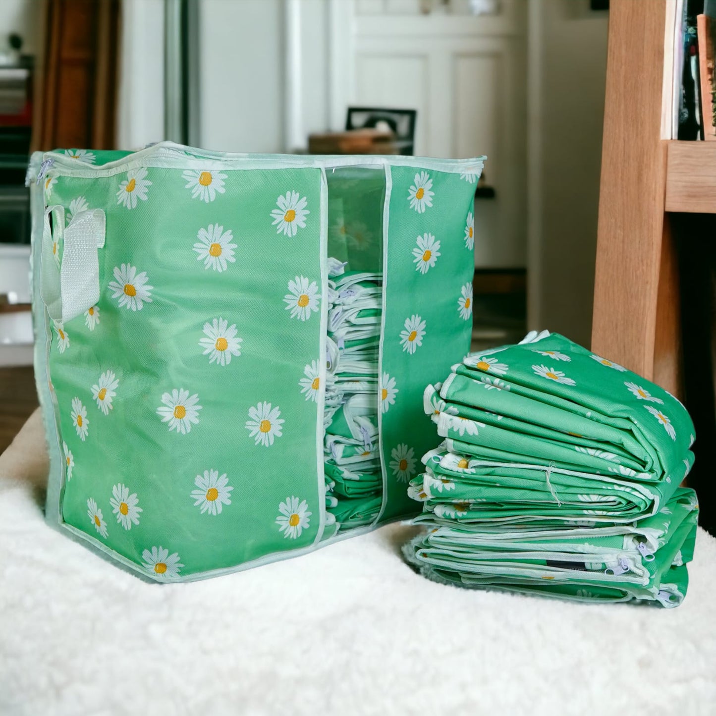 Printed Multipurpose Storage Bag - Daisy Flower Green