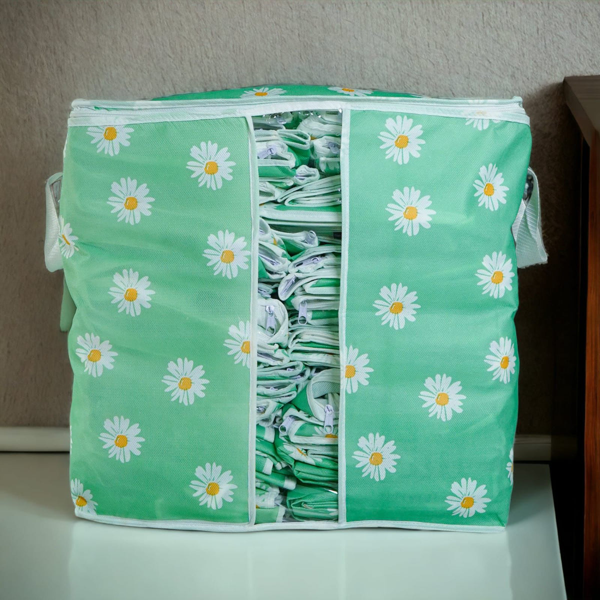 Printed Multipurpose Storage Bag - Daisy Flower Green