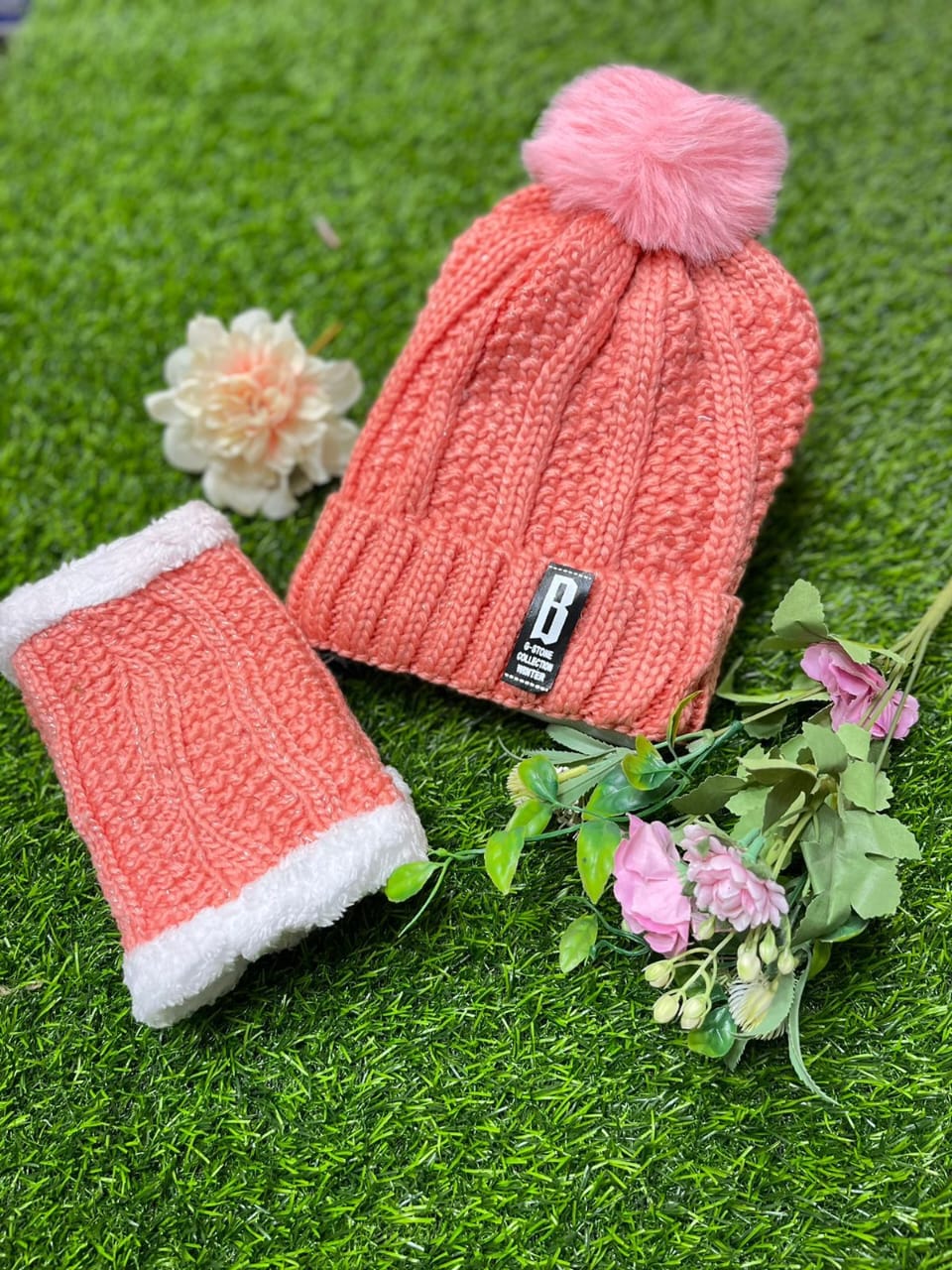 Women's 2 Pcs Crochet Knitted Beanie Cap With Neck Warmer - Pink