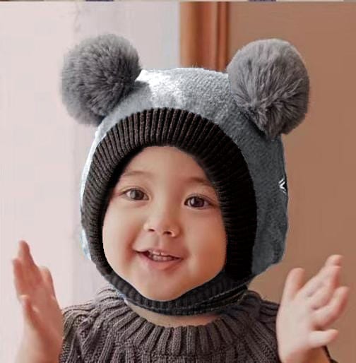 Kids Beanie PomPom Wool Cap With Attached Neck Warmer - Grey