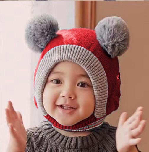 Kids Beanie PomPom Wool Cap With Attached Neck Warmer - Red