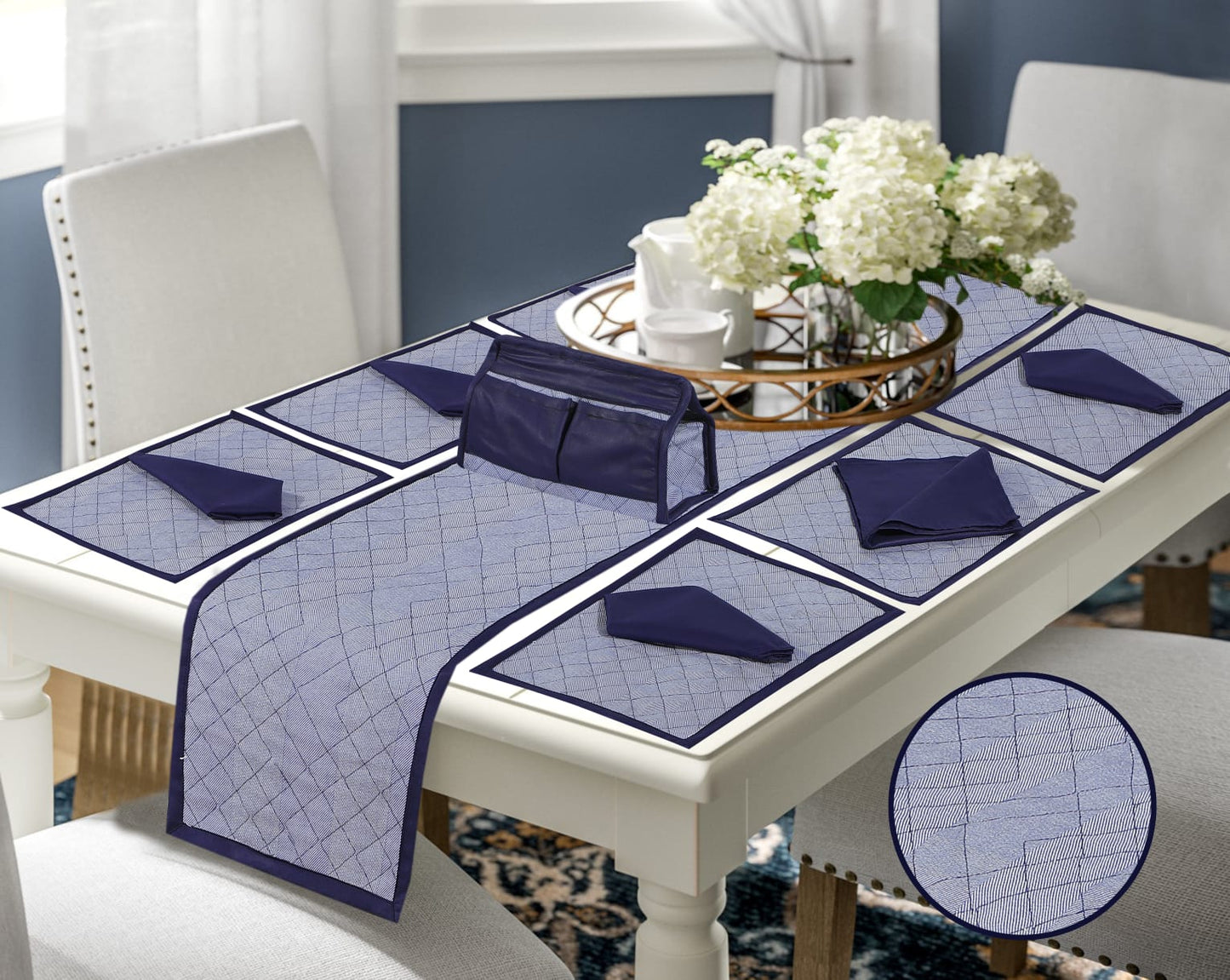 14 Pieces Quilted Table Runner Set - Mattea Blue