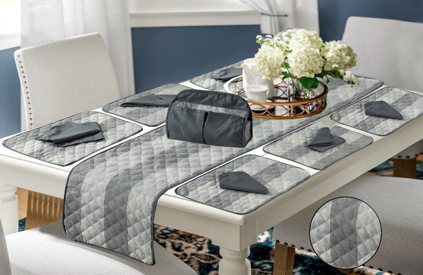 14 Pieces Quilted Table Runner Set - Teodora Grey