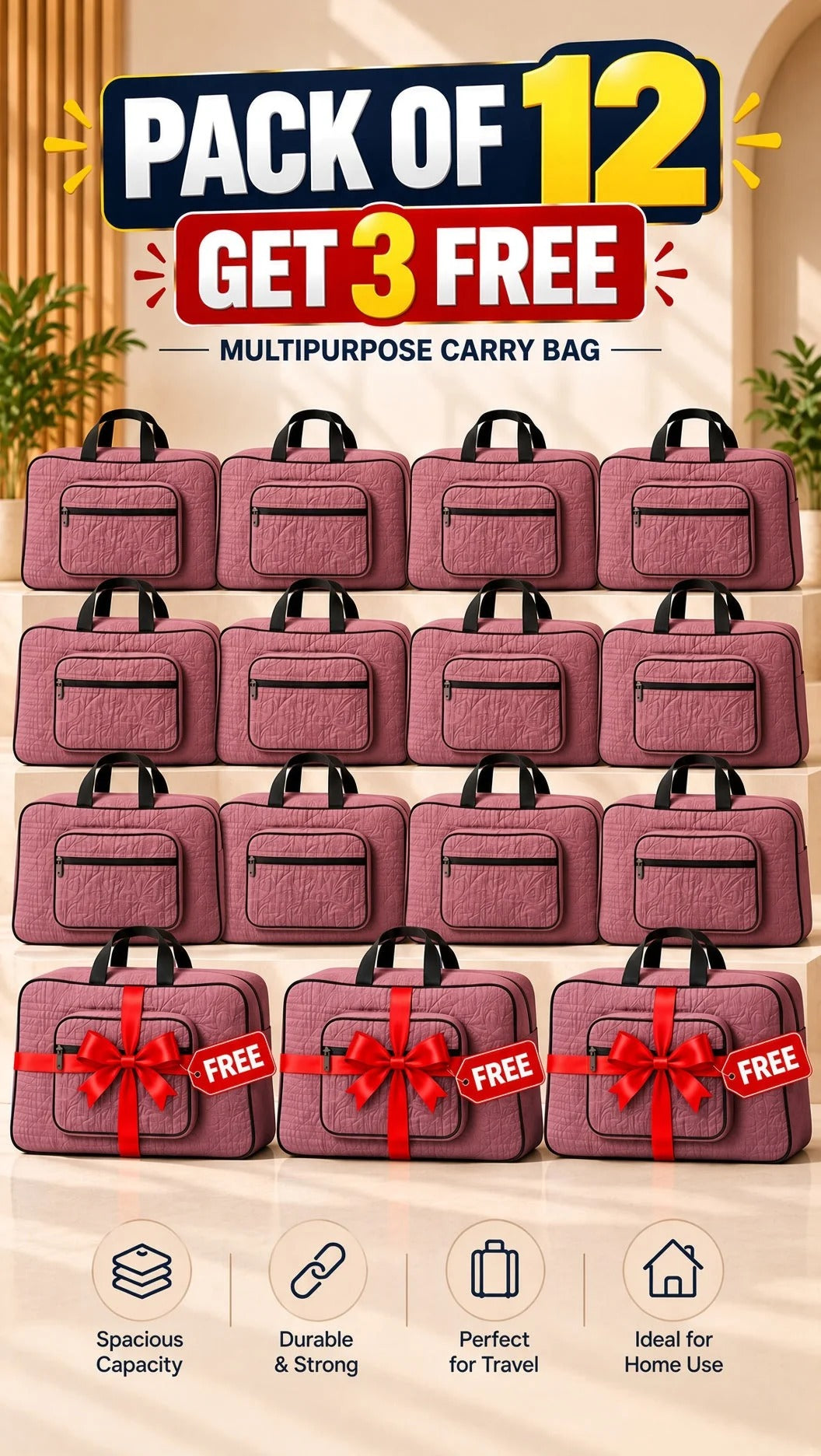 Signature Carry Ease Quilted Bag - Storage & Travelling Bag [Dark Pink]