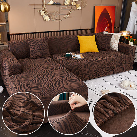 L Shape Zebra Velvet Sofa Covers - Fitted Style (Dark Brown)