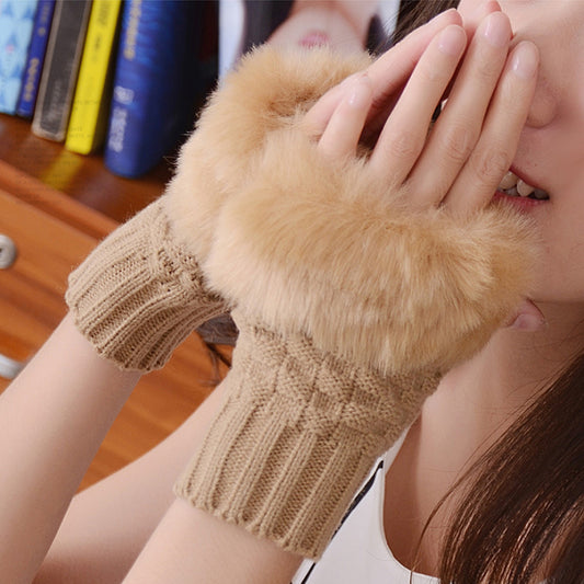Winter Faux Rabbit Fur Hand and Wrist Crochet Knitted Gloves For Women - Fawn