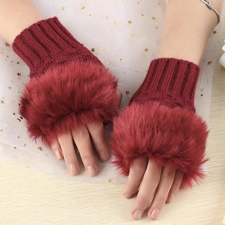 Winter Faux Rabbit Fur Hand and Wrist Crochet Knitted Gloves For Women - Maroon