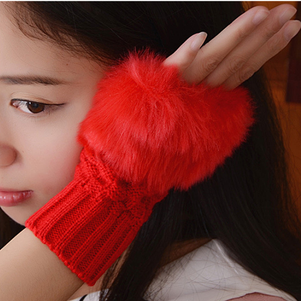 Winter Faux Rabbit Fur Hand and Wrist Crochet Knitted Gloves For Women - Red