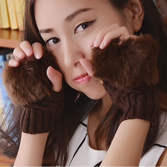 Winter Faux Rabbit Fur Hand and Wrist Crochet Knitted Gloves For Women - Brown