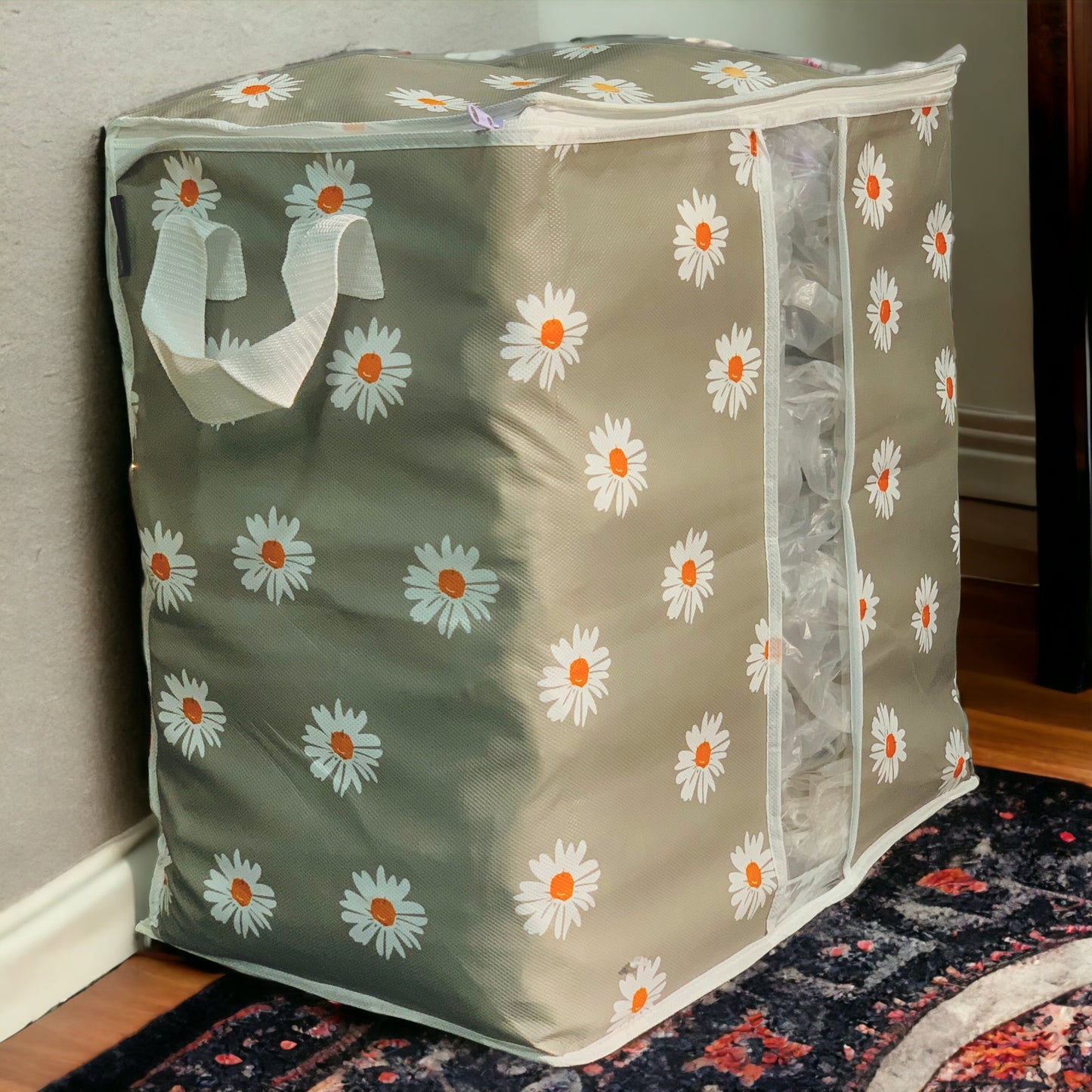 Printed Multipurpose Storage Bag - Daisy Flower Grey