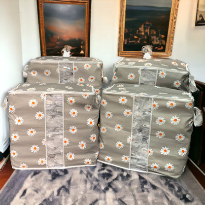 Printed Multipurpose Storage Bag - Daisy Flower Grey